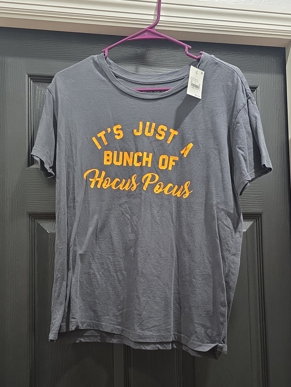 Gray Graphic Tee with Orange Script - "It's Just a Bunch of Hocus Pocus"
